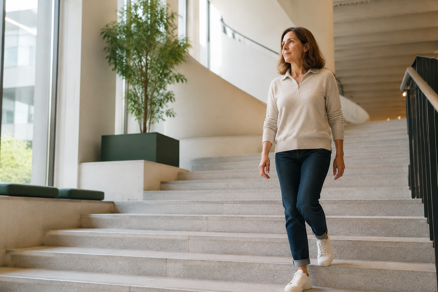 Eine erwachsene Frau bewegt sich ruhig auf einer modernen Treppe